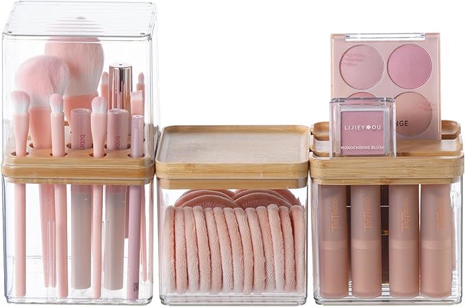 Makeup Brush Holder Comb with Cover Makeup Containers Organizers Set Makeup Holder Box Cosmetic Case With Lid Waterproof Dustproof Beauty Skincare Organizer Bathroom Vanity Countertop,Gift,Clear,3PCS