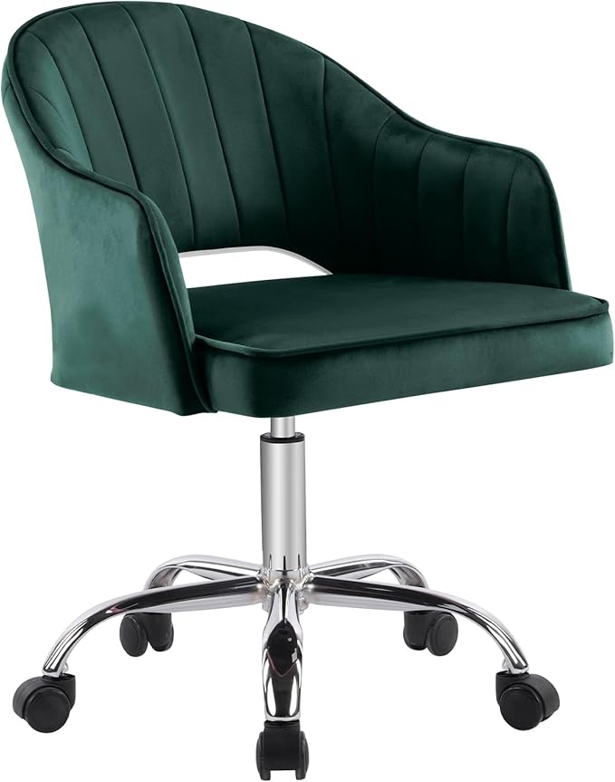MOJAY Modern Mid-Back Tufted Velvet Office Chair, Swivel Height-Adjustable Home Desk Chair,Cute Velvet Soft Seat Vanity Chair with Rivet and Arm Support (Green2)