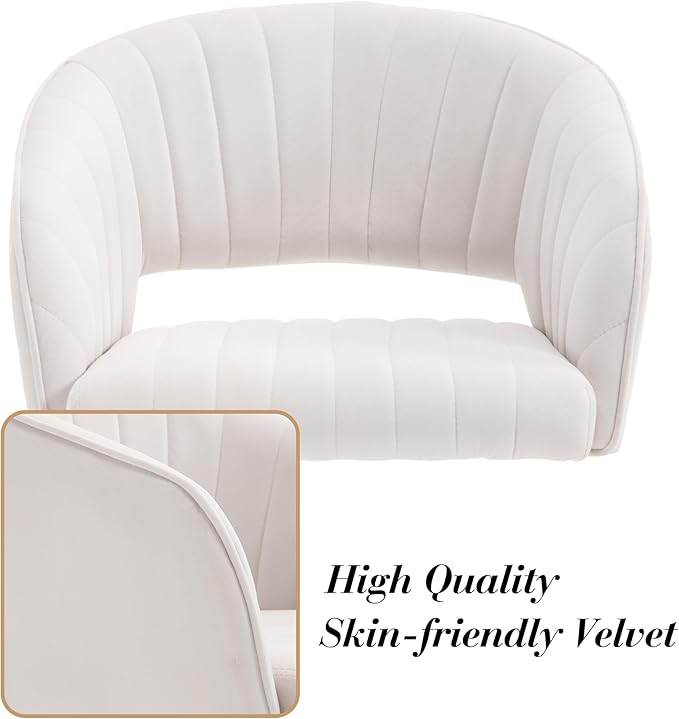 Modern Velvet Vanity Chair, Home Office Desk Chair with Hollow Back, Upholstered Dining Chair with Gold Metal Legs, Comfy Accent Armchair for Living Room Bedroom, Beige