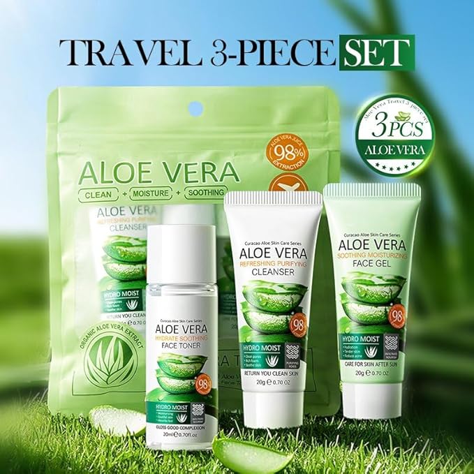 3-Piece Aloe Vera Skin Care Set, Hydrating & Cleaning Skin Travel Set, Oil Control Moisturizing Skin Care Routine Kit Includes Cleanser, Face Gel, Toner Skincare Gift for Teenage Girls Women