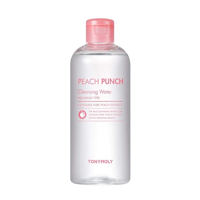 TONYMOLY Peach Punch Cleansing Water – Gentle Korean Makeup Remover & Facial Cleanser, Hydrating & Soothing Toner for Sensitive Skin, 12 oz