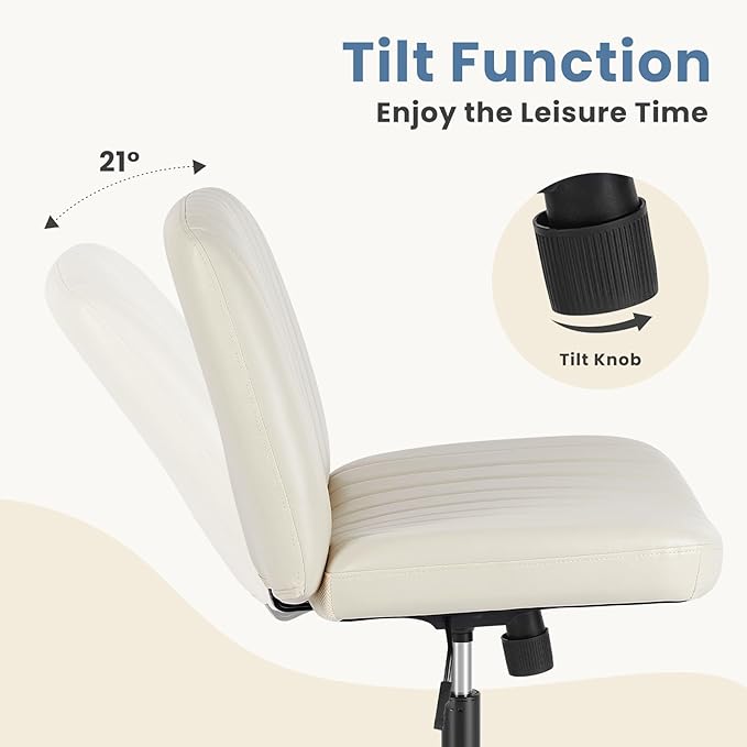 DUMOS Criss Cross Chair Legged Office Wide Comfy Desk Seat, No Wheels Armless Computer Task Seating, Swivel PU Leather Vanity Home Height Adjustable