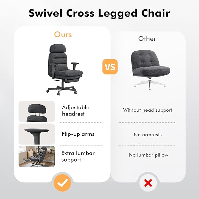 Criss Cross Chair with Flip-up Arms, Executive Office Chair with Foot Rest, Swivel Cross Legged Office Chair with Lumbar Pillow&Headrest, Corduroy Comfy Computer Desk Chair for Home, Black