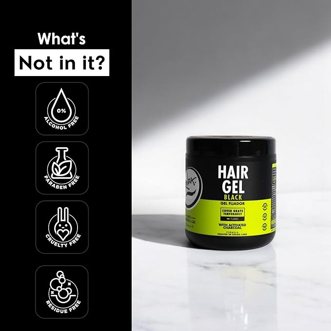 Rolda Black Hair Gel for Men - Medium Hold Styling Gel with Activated Charcoal for Wet Look - Covers Grays & Enhances Black Hair - Flake + Alcohol Free (8.81 oz)