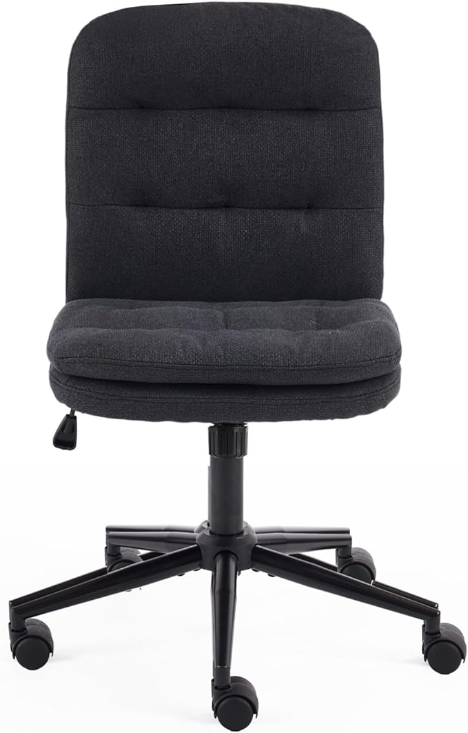 VINGLI Mid Back Armless Office Desk Chair with Wheels/no Wheels,360°Rocking Swivel Vanity Chair with Thickened Cushion,Adjustable Height Rolling for Reading Room, Make up, Linen Black