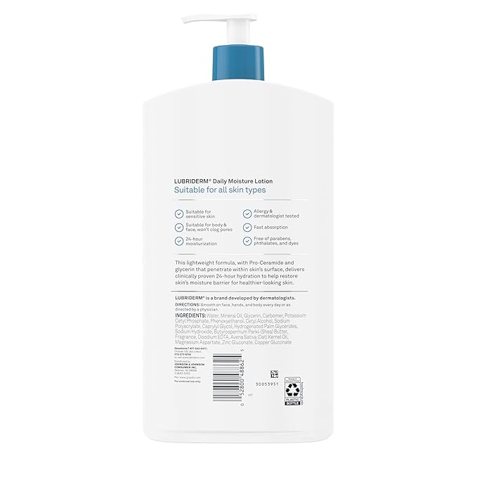 Lubriderm Daily Moisture Lotion + Pro-Ceramide, Shea Butter & Glycerin, Hydrating Face, Hand & Body Lotion, 24-hour Moisturizer for Dry Skin, Paraben & Dye Free, Scented, Non-Greasy, 24 FL OZ