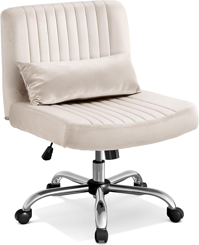 Velvet Office Chair, Luxury Criss Cross Chair with Wheels, Comfy Cross Legged Desk Chair for Home Office, Height Adjustable Vanity Chair, Wide Seat Computer Chair, Gift for Girlfriend, Beige