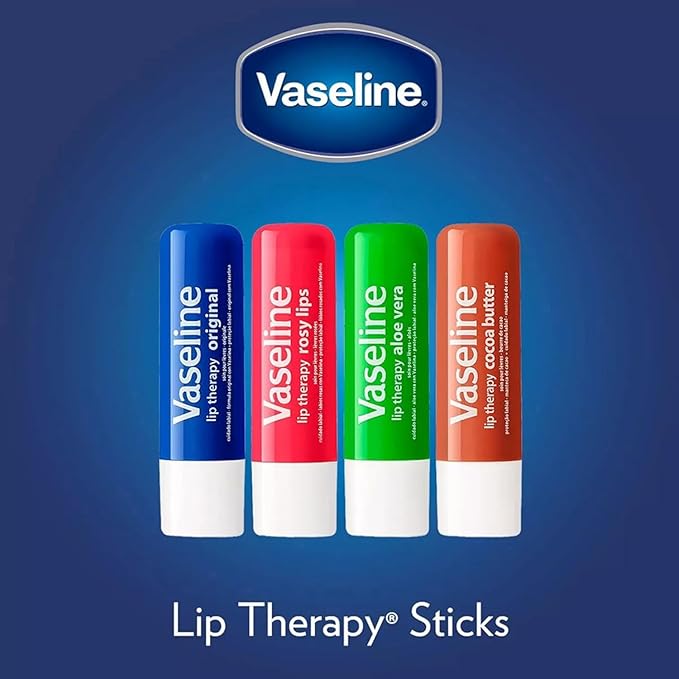 Vaseline Lip Therapy Variety 4-Pack – Original + Aloe Vera Moisturizing Lip Balm with Vitamin E, 0.16 Oz Ea