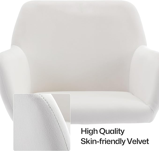 Faux Fur 360°Swivel Desk Chair, Height Adjustable Home Office Armchair with Golden Base for Teens Women Girls, Upholstery Computer Chair for Home Studios, Velvet & White