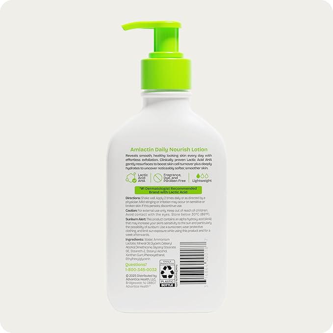 AmLactin Daily Nourish Therapeutic Body Lotion for Dry Skin - No-Scrub Exfoliator and Moisturizer - AmLactin 12% Lactic Acid Lotion, 7.9 oz (Packaging May Vary)