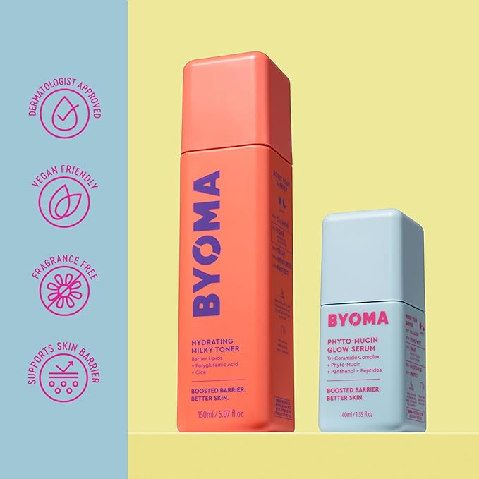 BYOMA Milky Toner & Phyto-Mucin Glow - Ultra-Hydrating Toner + Plumping Serum for Dewy, Glass-Like Complexion - Soothes, Primes & Supports Moisture Barrier - 5.07 fl oz + 1.35 fl oz