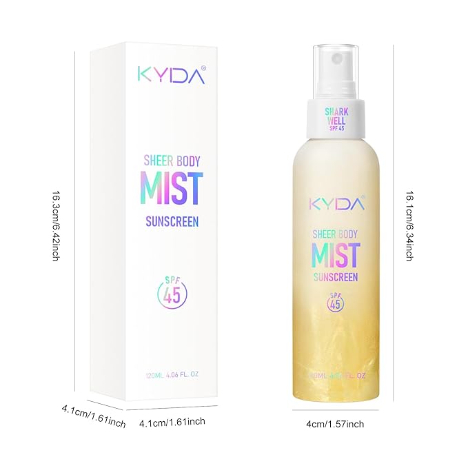 Sheer Body Sunscreen Mist, SPF 45 Ultra-fine Glowing Spray, Lightweight Hydrating Non-Greasy Quick Drying, Infused with Shimmering Radiant Glow Sunscreen Body Oil Mist-Gold,4.06 fl oz