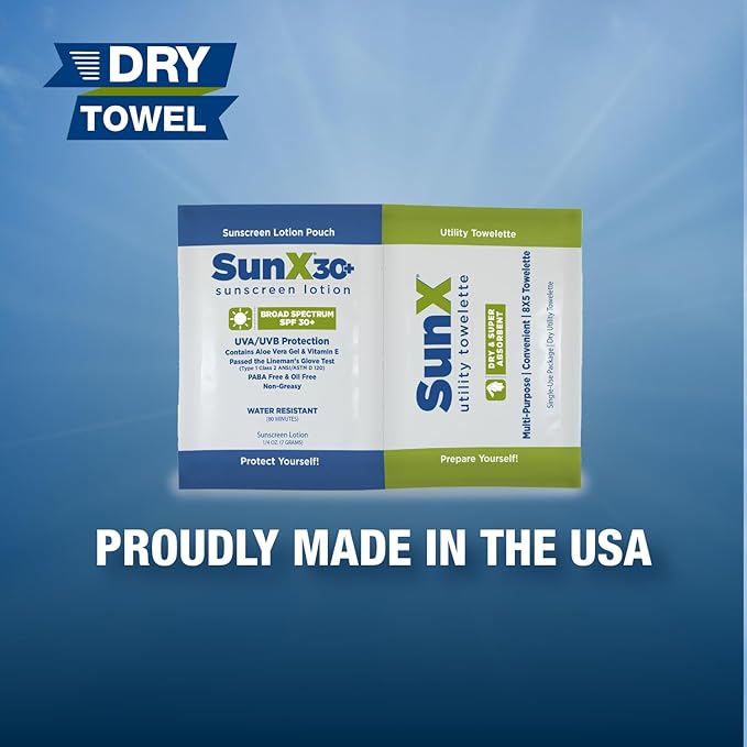 CoreTex Sun X 30+ Broad Spectrum Sunscreen Packets & Dry Towels Duo Kit - Pack of 150 Paraben, Oxybenzone, Octinoxate, & Oil Free Sunscreen - No White Cast and Water Resistant Up to 80 Minutes