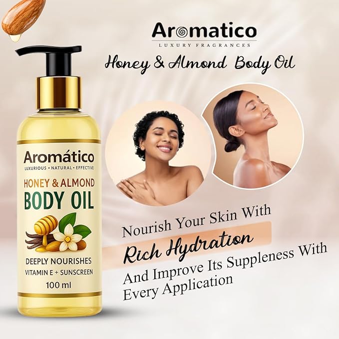 Honey & Almond Mini Body Oil for Women. Dry Skin-Deep Hydration Formula for Glowing Skin in the Winters. Non-Sticky Texture, for Daily Use after Bath. Cozy & Creamy Fragrance - 4 fl Oz