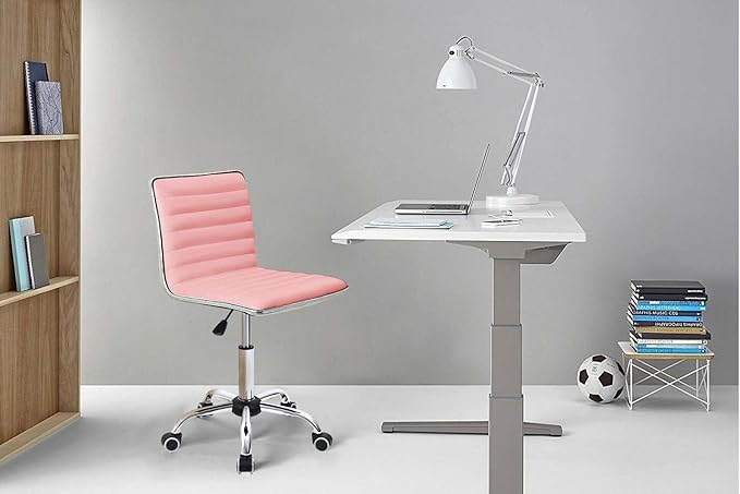 Furmax Vanity Office Desk Chair with Wheels, Armless Small Cute Leather Makeup Computer Task Chair Adjustable Height 360° Swivel (Pink)
