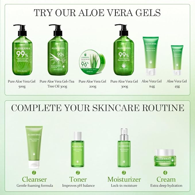 Aloderma Aloe Vera Gel + Tea Tree Oil, Made with Refreshing Organic Aloe for After Sun Skin Care, Multipurpose Use for Hair and Scalp, and Face or as a Shaving Gel or Aftershave - 10.6Oz x 6btls