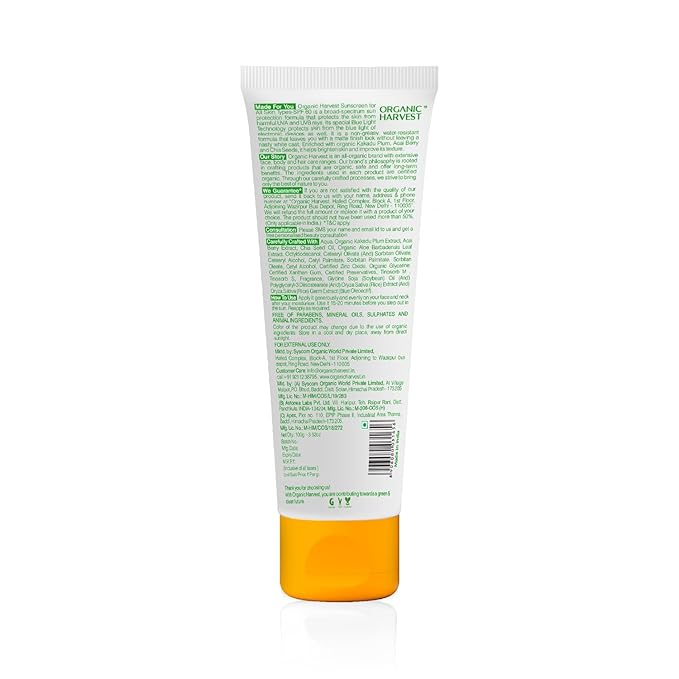 Organic Harvest Sunscreen SPF 60 For All Skin Type | For Women & Men with Blue Light Technology, Protects From Harmful UVA & UVB Rays | 100% American Certified Organic, Sulphate & Paraben Free - 100gm