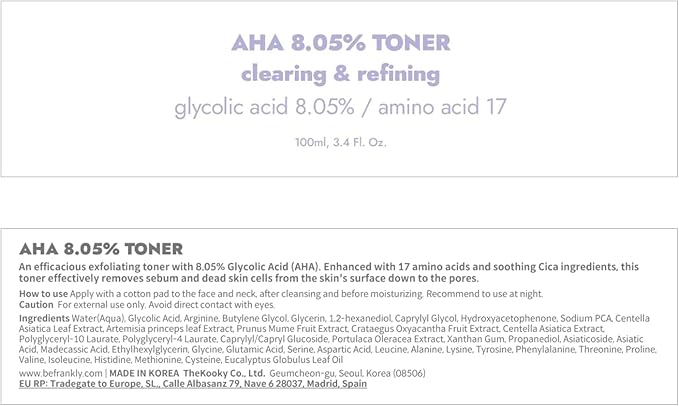FRANKLY AHA 8.05% Toner | Pore-Refining Exfoliator with Glycolic Acid, 17 Amino Acids, Hyaluronic Acid | Smooths Texture, Hydrates, Targets Flakiness | Korean Skin Care 3.38 fl oz