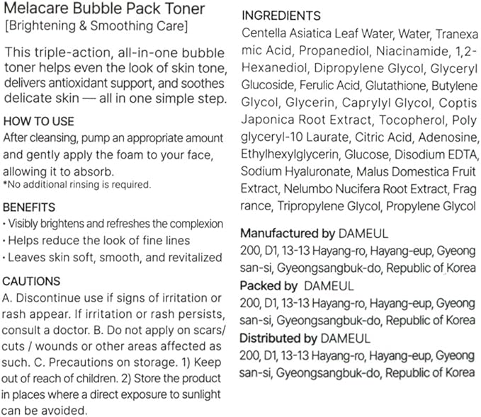 MELKA Melacare Bubble Pack Toner with Niacinamide & Micro-Bubble Formula – Brightening, Hydrating, Tone-Evening, Radiance & Softness for Clear, Luminous, Balanced Skin