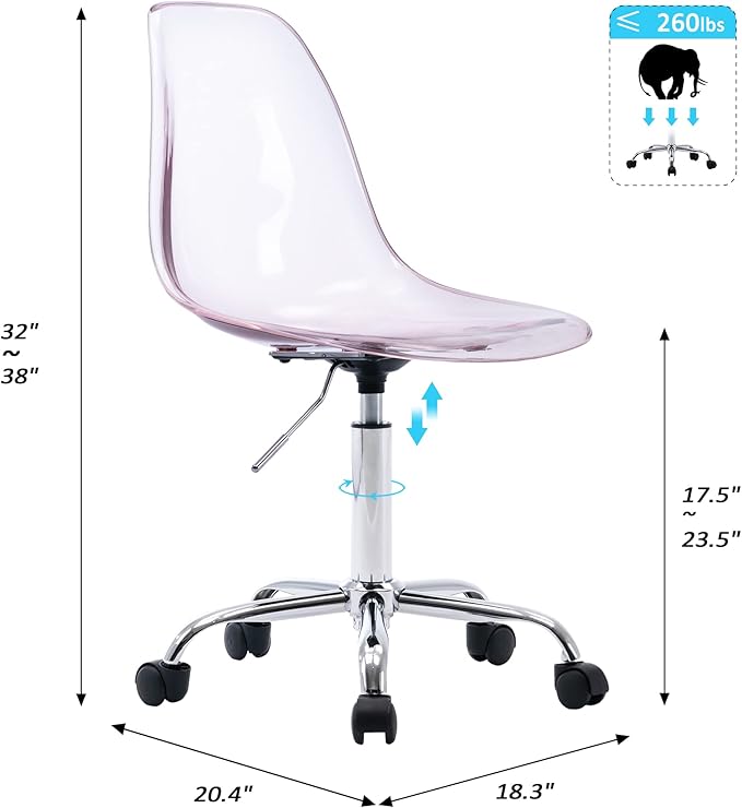 HOMEFUN Clear Desk Chair, Acrylic Rolling Armless Vanity Swivel Height Adjustable Ghost Molded Plastic Home Office Chairs with Wheels, Pink