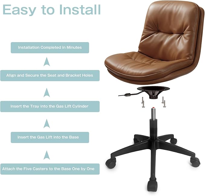 Office Chair, Ergonomic Desk Chair with Padded Cushion & Backrest, Adjustable Height & 360° Swivel, Armless Task Chair for Home Office, Computer Desk & Vanity Brown