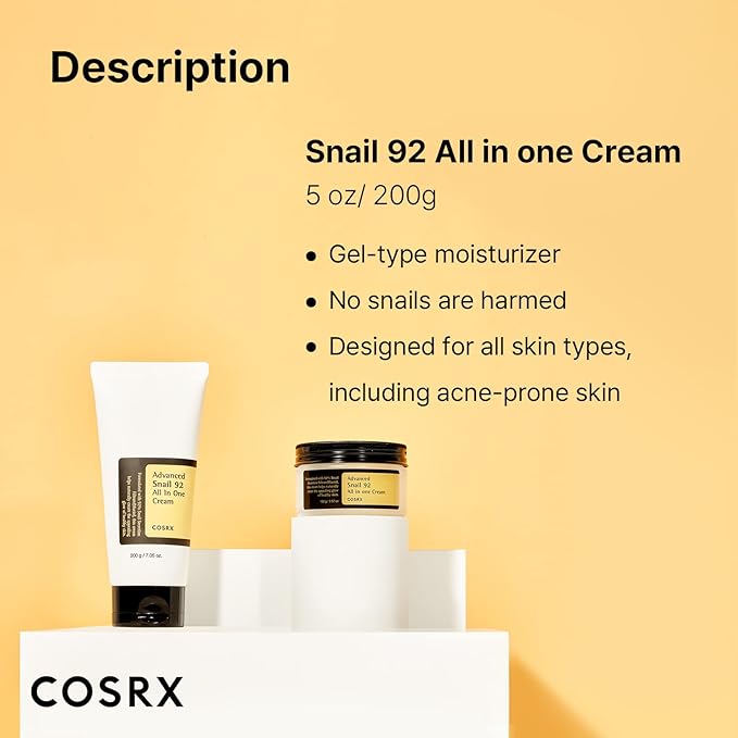 COSRX Snail Mucin 92% Moisturizer, Daily Repair Face Gel Cream Tube Type for Dry, Sensitive Skin, Not Tested on Animals, No Parabens, No Sulfates, No Phthalates, Korean Skin Care (3.52 Fl Oz / 100g)