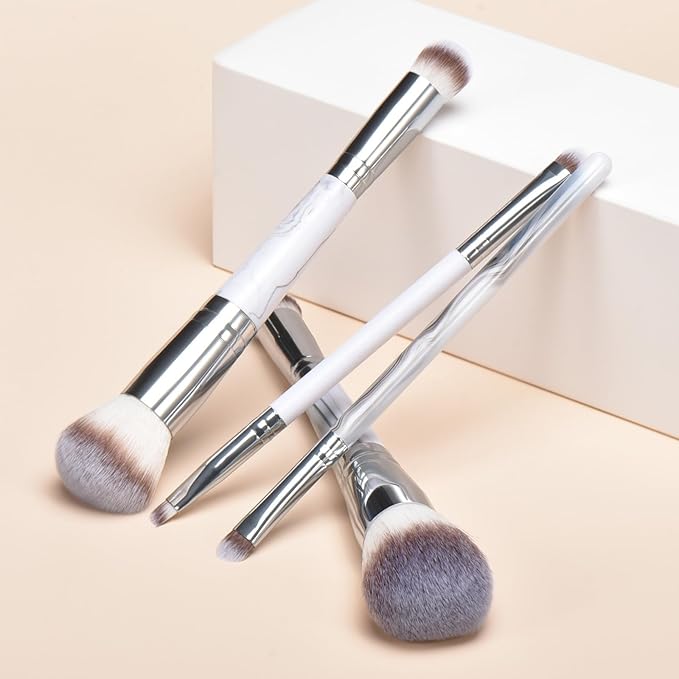 4PCS Gray Dual-Ended Makeup Brushes Set, Professional Powder Blush Concealer Eyeshadow Kabuki Foundation Brush Kit, with Travel Pouch, Soft Vegan Synthetic Bristles