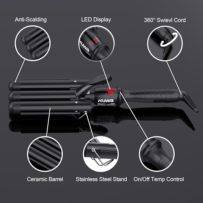 kuwa Crimper Hair Tool,15 Variable Temperature Beach Waves Curling Iron,3 Barrel Curling Iron,Hair Crimper for Women,HairWaver with LCD Temperature Display