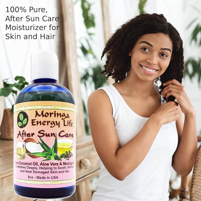 Moringa Energy Life After Sun Care Oil 8 oz, Soothes Skin from Sun Exposure with Coconut Oil, Aloe Vera Juice, Moringa Oil for Skin and Hair