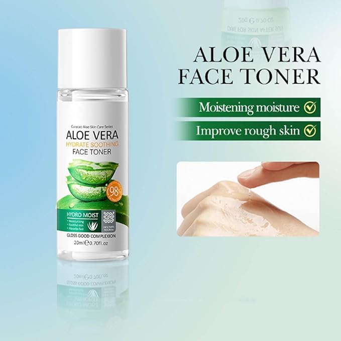 Aloe Vera Travel Skin Care Set, Mini Travel Essentials, 3 Piece Face Routine Set For Women Travel Size Skincare Kit With Aloe Vera Cleanser, Face Gel, Toner | Travel Essentials Gift Set