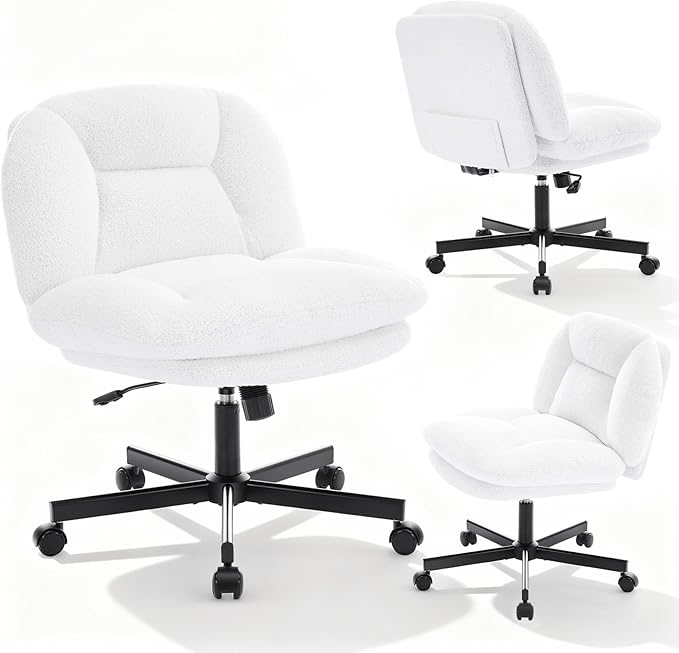 Cross Legged Office Chair, Thick Cushioned Criss Cross Chair with Wheels, Wide Seat Armless Office Chair, Height Adjustable Swivel Vanity Chair for Home and Office, White