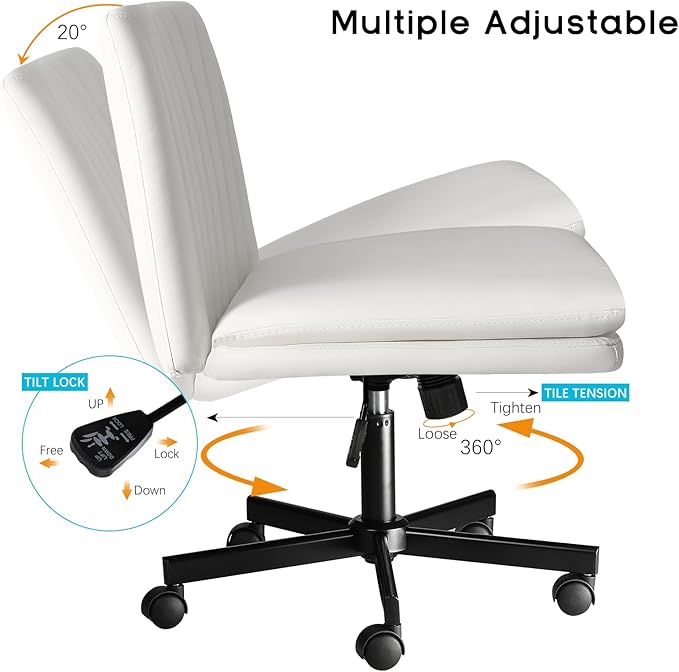 PUKAMI Criss Cross Chair,Comfy Cross Legged Office Desk Chair No Wheels,Modern Fabric Swivel Adjustable Height Mid Back Wide Seat for Home Office Computer (Pu White with Wheels)