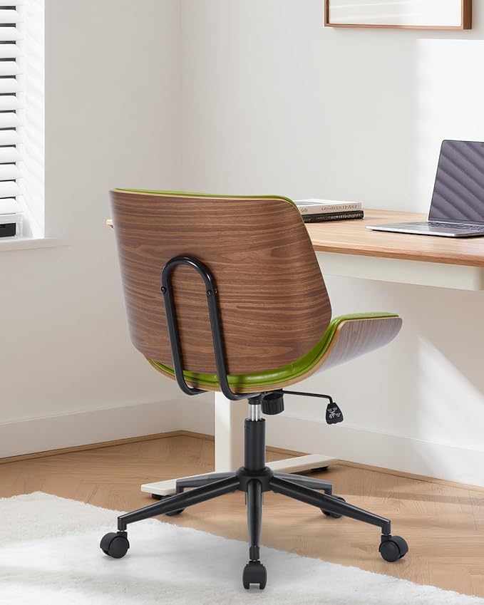 Mid-Century Modern Home Office Chair,Accent Ergonomic Desk Chair with Walnut Finish&PU Leather,Armless Executive Computer Chair with 360° Swivel Rolling Wheels for Vanity, Bedroom&Workspace (Green)