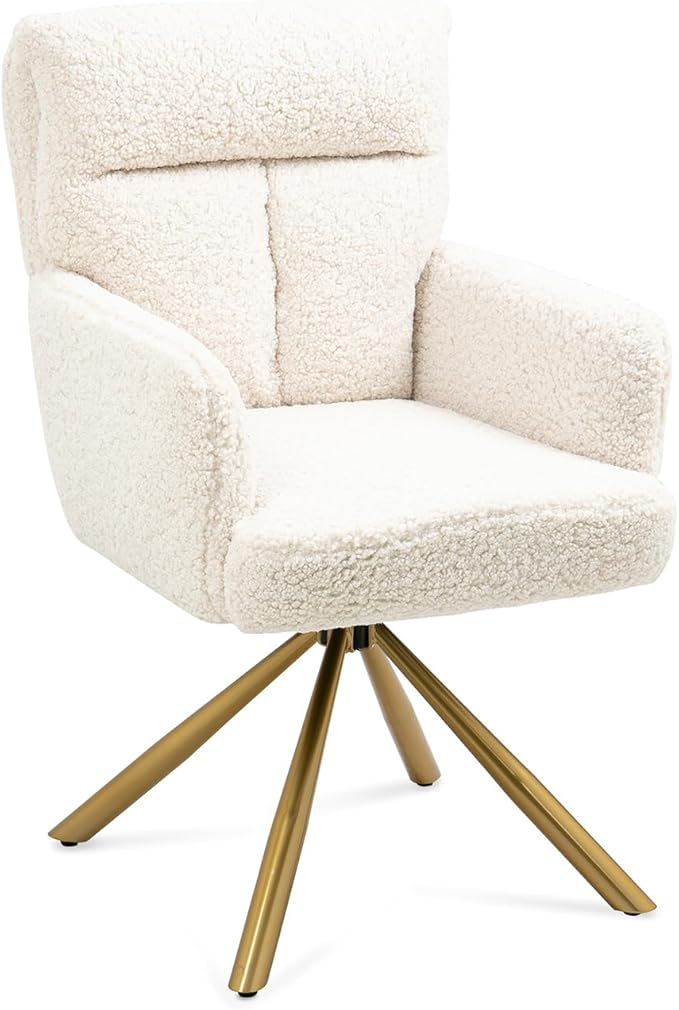 Kiztir Vanity Chair No Wheels Upholstered Teddy Vanity Chair with Back Gold Metal Criss Cross Home Office Desk Chair Boucle Accent Chair Modern Reading Chair Armchair for Living Room, Bedroom (Beige)