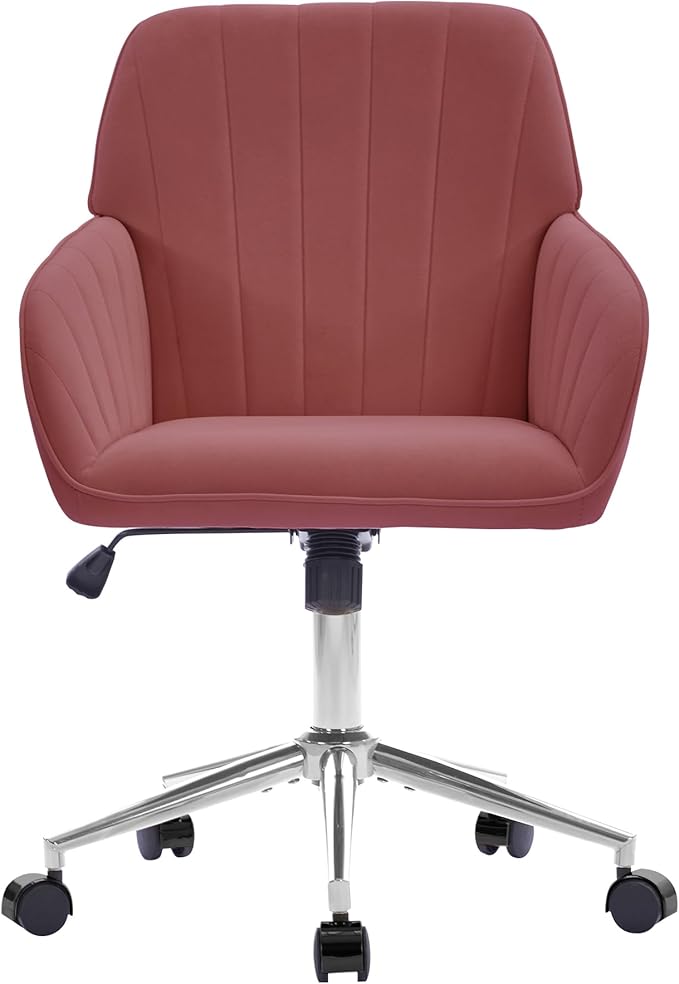 Velvet Home Office Desk Chair, Modern Cute Computer Task Chair with Back, Height Adjustable Upholstered Vanity Chair with Swivel Wheels for Women, Girls (Silver Base, Rose
