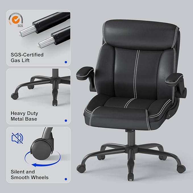 AnyGod 1Pcs Office Chair for Men Women Home Office Pu Leather High Back 360 Swivel Rocking Function Ergonomic Chair with Flip-Up Arms Lumbar Support Rolling Wheels Adjustable Height -Black Size