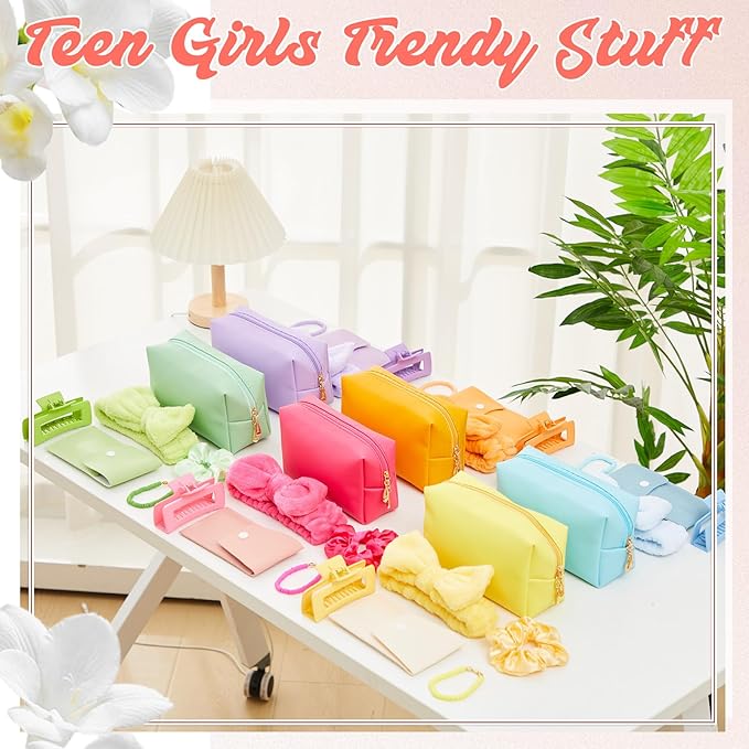 Zeyune 36 Pcs Gifts Sets Bulk for Tween Teen Women Preppy Party Favors Set Preppy Makeup Bag Hair Pin Scrunchies Headbands Bracelets Trendy Stuff Gift for Women Friend Birthday Present(Bright Color)