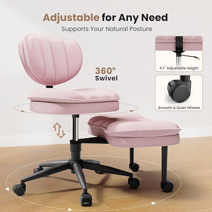 Cross Legged Office Chair, Ergonomic Cloud Criss Cross Desk Chair, Meditation Chair with Wheels, Height Adjustable Seat for ADHD, Wide Kneeling Chair with Back Support,Pink