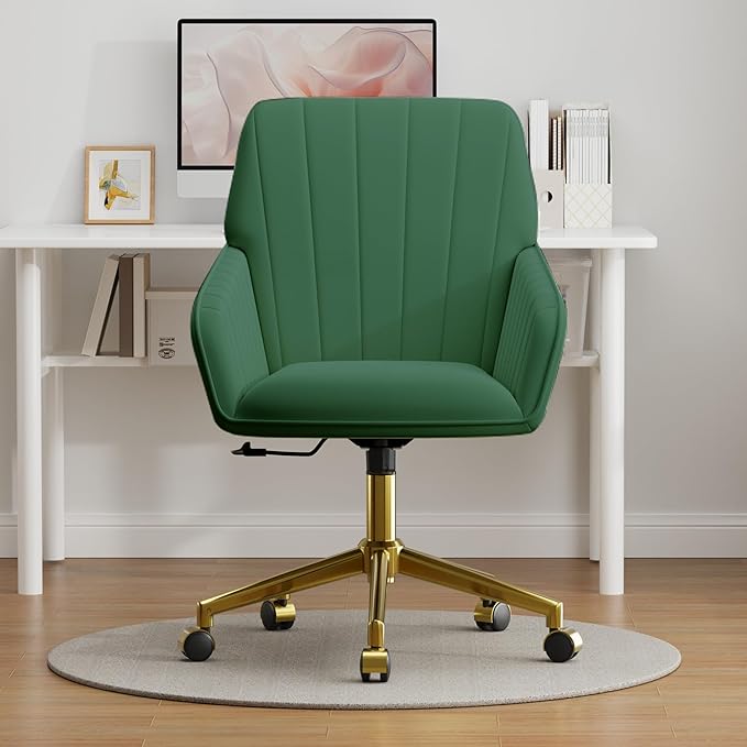 YISHENG Velvet Office Desk Chair with Gold Base, with Wheels,Modern Height Adjustable 360 Degree Swivel Upholstered Vanity Chairs with Arms for Living Room Bedroom,Green