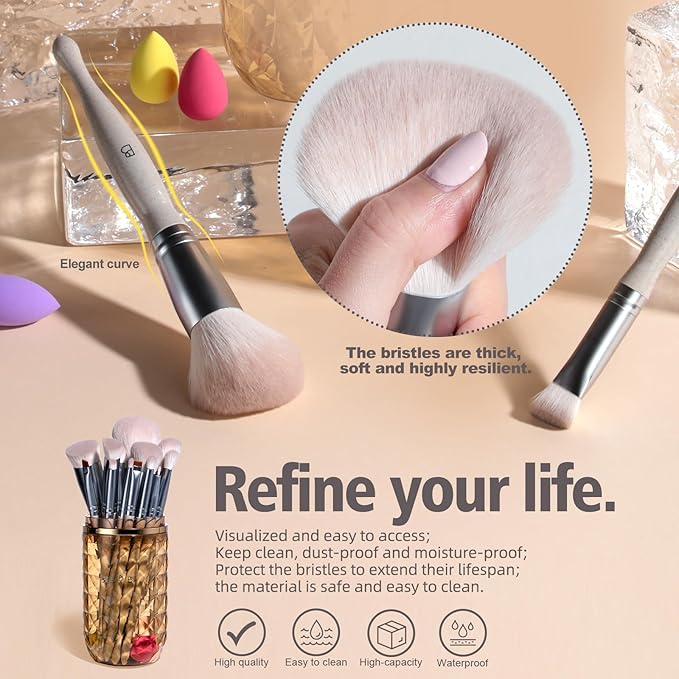 BS-MALL Makeup Brushes Set – Premium 14 Pcs Brush Collection with 4 Pcs Mini Sponges & Case, Perfect for Travel, Complete Beauty Tools for Women (Wheat straw)