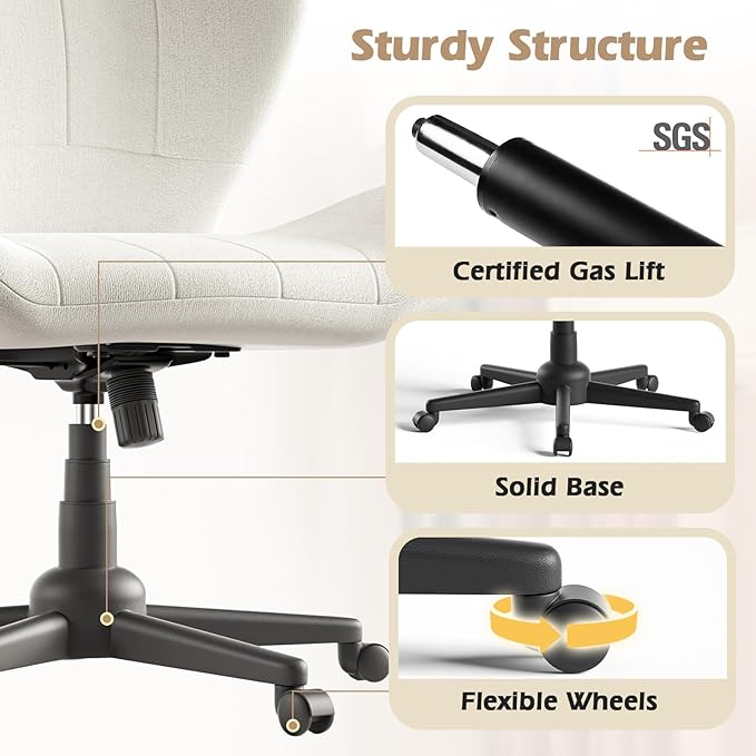 Criss Cross Chair with Wheels, Wide Cross Legged Office Chair Armless Comfy Desk Chair with Tall Back Vanity Chairs with Stress Relief Curved Design Seat for Bedroom & Office & Home Ivory White