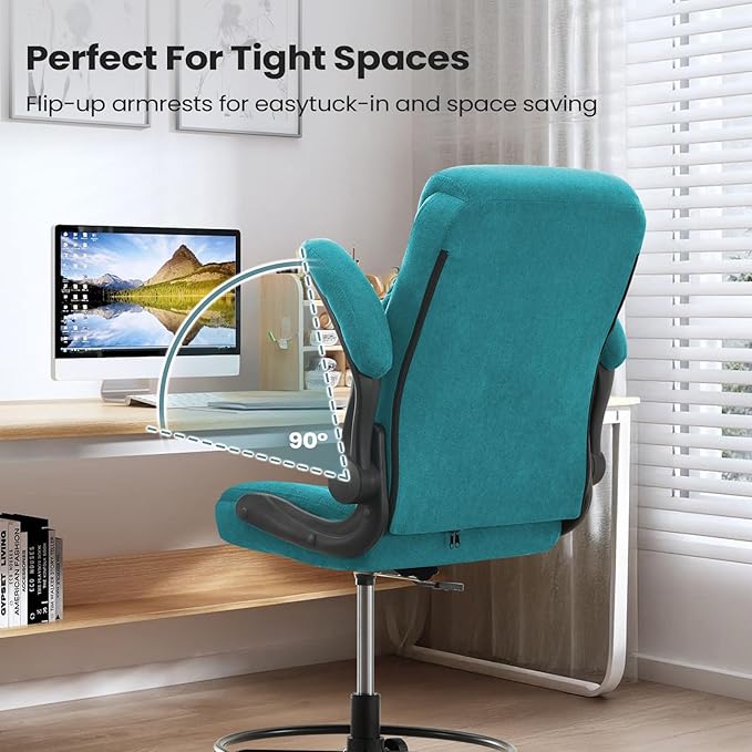 Drafting Chair for Standing Desk โ Tall Office Chair with Adjustable Height & Foot Ring, Flip-Up Arms, Lumbar Support โ Comfortable Fabric Seat, Ideal Home Desk Chair