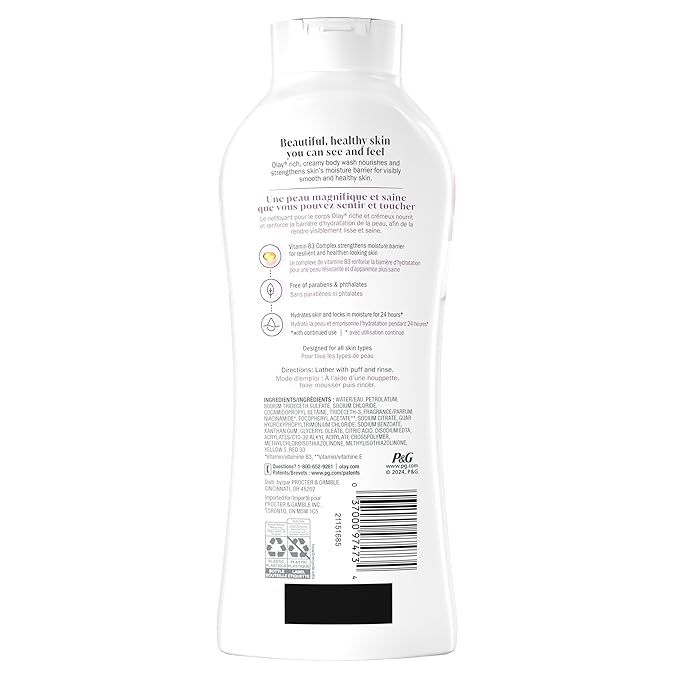Olay Body Wash for Women, Age Defying with Vitamin E, 24hr Moisturizing, Hydrating & Refreshing, B3 Vitamin Complex, Free of Parabens & Phthalates, for All Skin Types, Scented, 22 fl oz (Pack of 4)