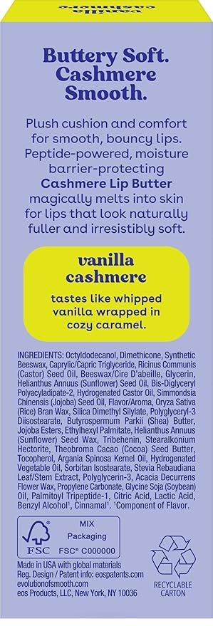 eos Cashmere Lip Butter - Vanilla Cashmere, Plumping Peptides, Smoothing, eos Lip Butter, Shea Butter, Lip Mask & Moisturizer, Soft, 0.35 fl oz (Pack of 2)