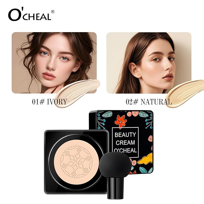 O'CHEAL Mushroom Head Air Cushion CC Cream,BB Cream Foundation Cream for Face Makeup Concealer Cushion for Face Comestics Make Up Long-Lasting Cushion Compact 02#NATURAL