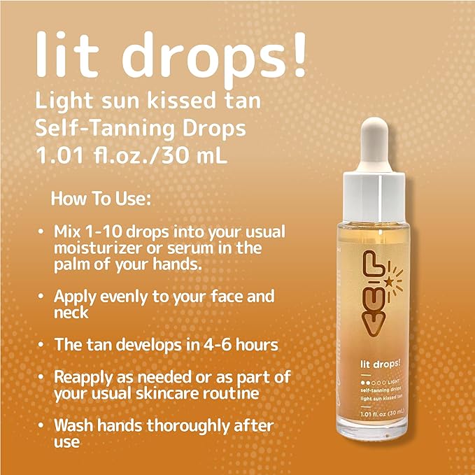 L-UV lit drops! Light sun kissed tan. No color transfer drops with Vitamin C and E. Mix easily with your favorite moisturizer for a natural and flawless looking tan.