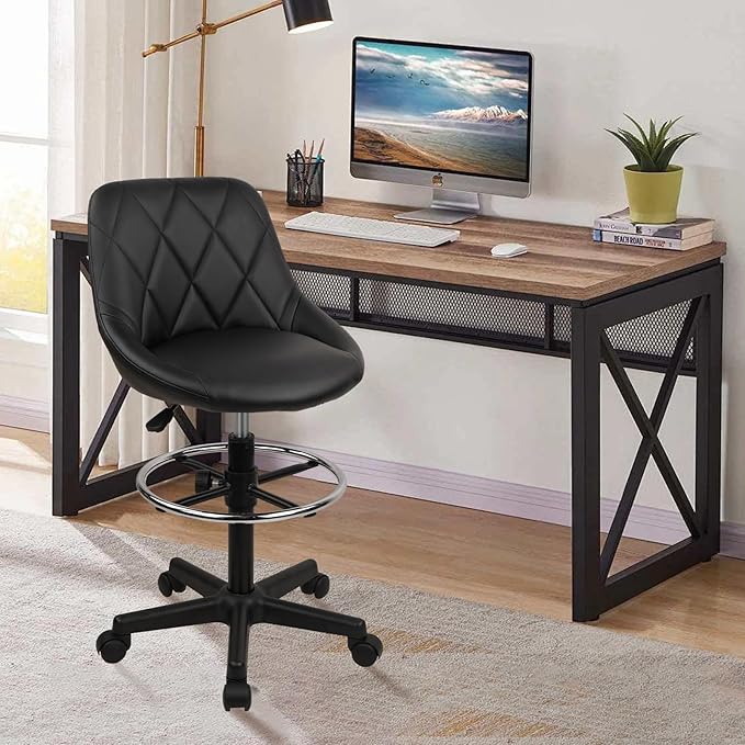 Drafting Chair with Backrest and Wheels, Adjustable Footrest Height Rolling Stool, PU Leather Tall Swivel Chairs Work Shop Office Desk Stools for Kitchen Home Bar, Black, 4 Pack