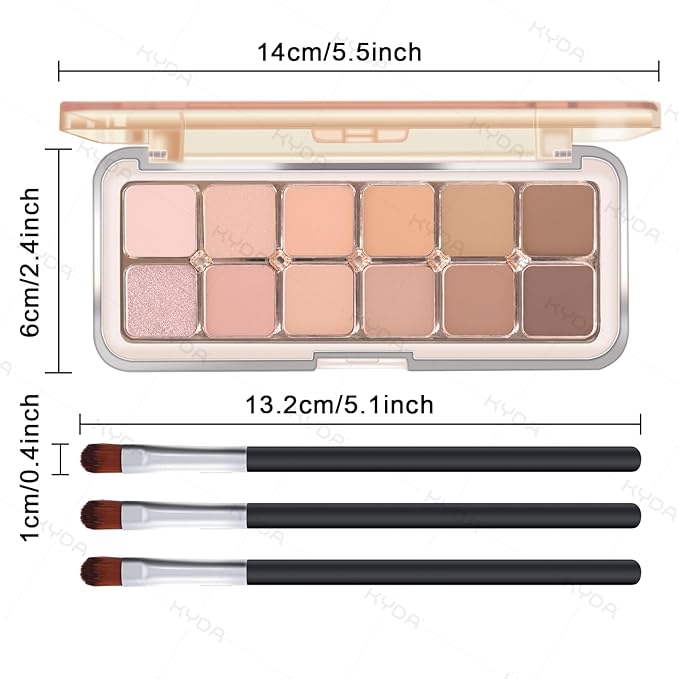 KYDA 12 Colors Netural Nude Eyeshadow Palette with Brush, High Pigment Matte Shimmer Brown Eye Shadow, Netural Eyes Palette for Women, Soft Blendable Powder Eyeshadow, Korean Eyes Makeup