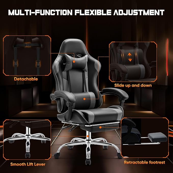 NEWBULIG Computer Gaming Desk Chair - High Back Ergonomic Lumbar Support with Footrest and Headrest, Comfy PU Leather Recliner with Linkage Armrest, Height Adjustable and 360° Swivel, Grey