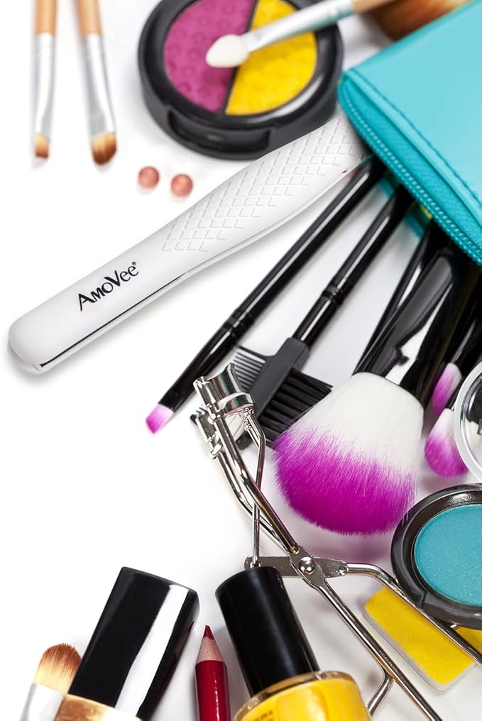 AmoVee Mini Flat Iron, 0.7 Inch Mini Hair Straightener, Small Flat Iron for Short Hair,Curls Bangs, Dual Voltage Travel Hair Straightener(White)